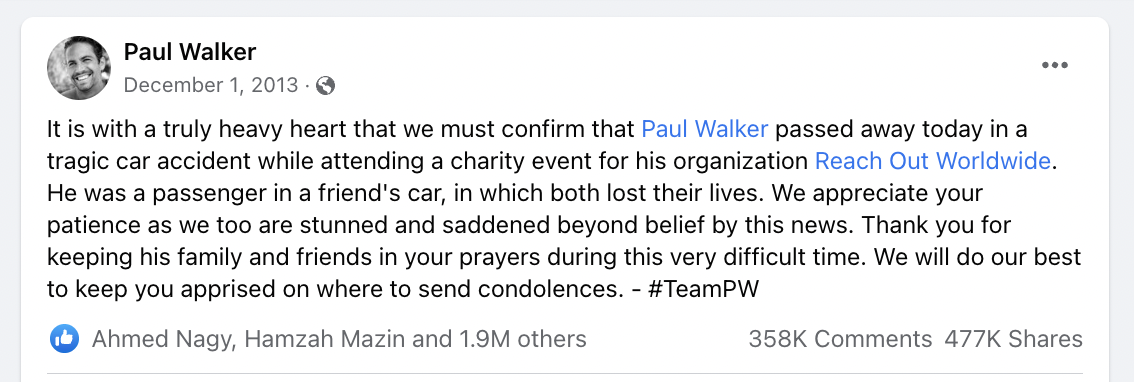Paul Walker has died in a car crash in California last night. News spread on social media, and Paul Walker's official Facebook page confirmed the news.