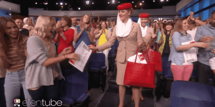 surprise-and-delight, emirates, ellen, free round-trip Dubai, big take off
