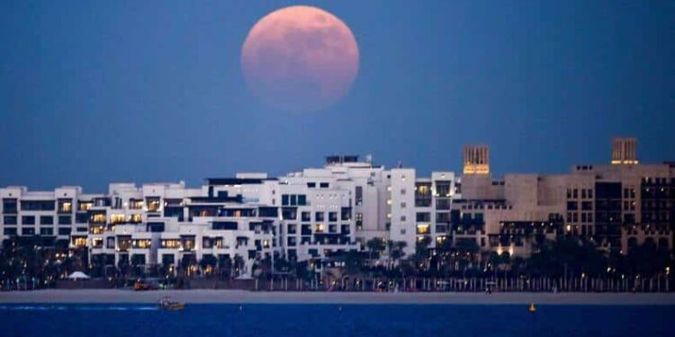 Dubai Skyline, Supermoon, Moon
