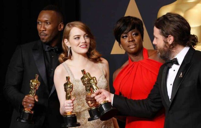 Best supporting actor winner Mahershala Ali, best actress winner Emma Stone, best supporting actress winner Viola Davis and best actor winner Casey Affleck