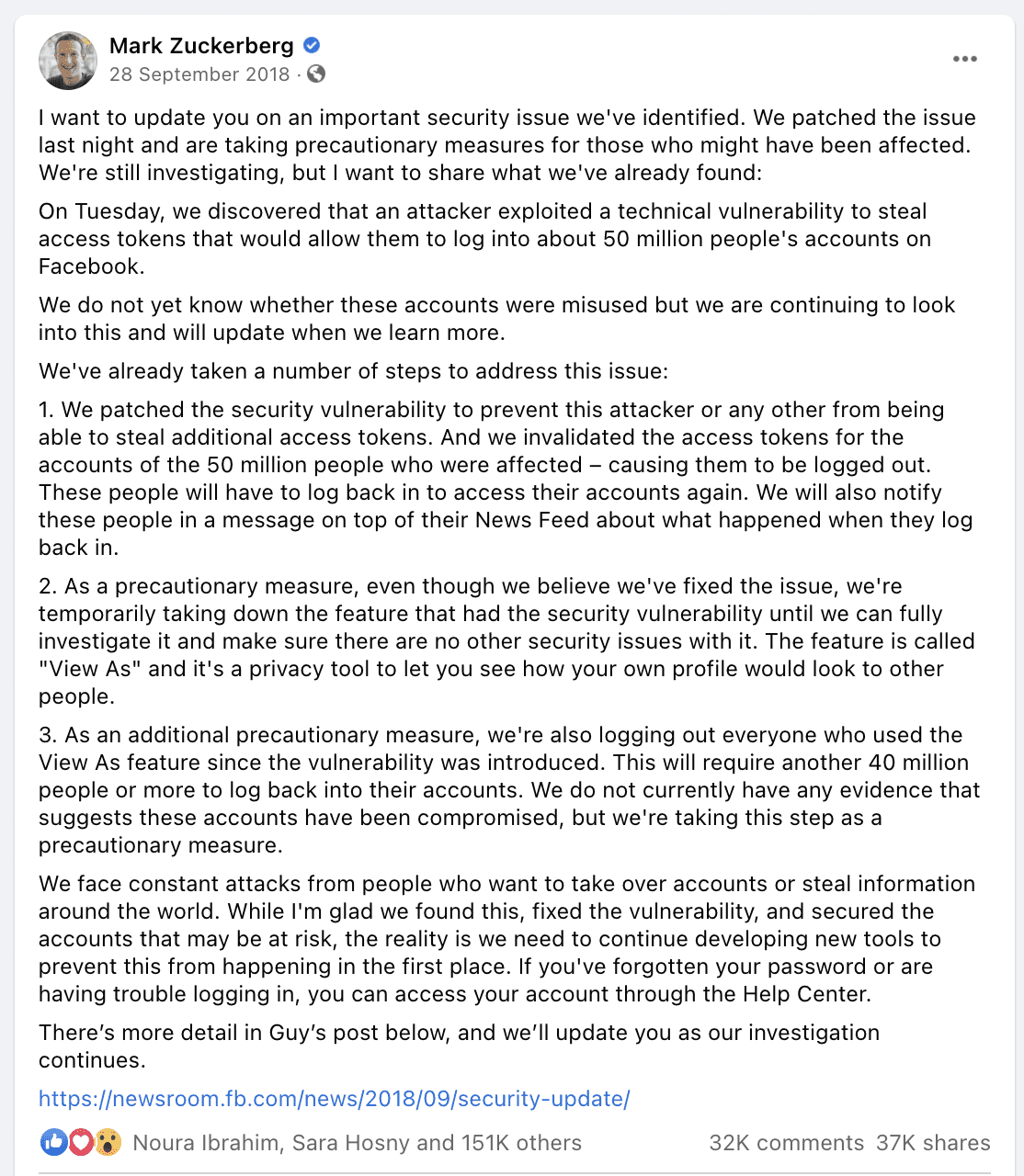 Chief Executive Officer and Founder Mark Zuckerberg said, "we are taking precautionary measures for those who might have been affected."