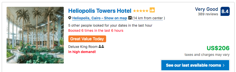 Source: Booking.com / Heliopolis Towers Hotel, Cairo prices on New Year's Eve 2019
