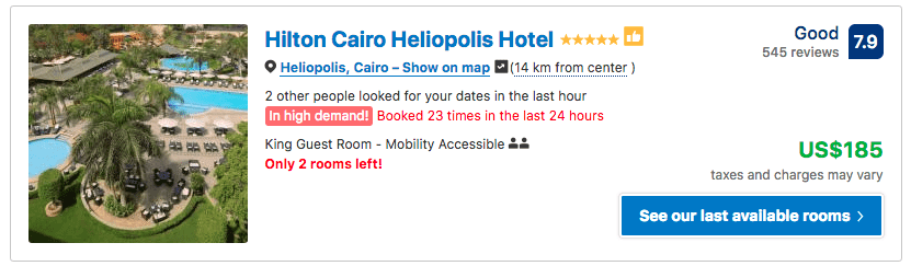 Source: Booking.com / Hilton Cairo Heliopolis Hotel prices on New Year's Eve 2019