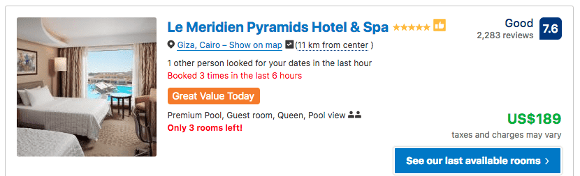 Source: Booking.com / Le Meridien Pyramids Hotel & Spa prices on New Year's Eve 2019