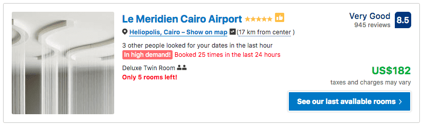 Source: Booking.com / Le Meridien Cairo Airport prices on New Year's Eve 2019