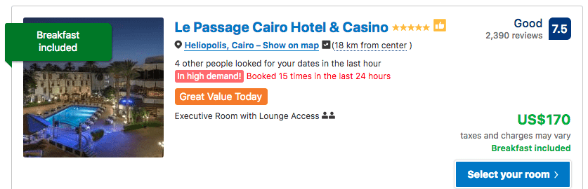Source: Booking.com / Le Passage Cairo Hotel & Casino prices on New Year's Eve 2019