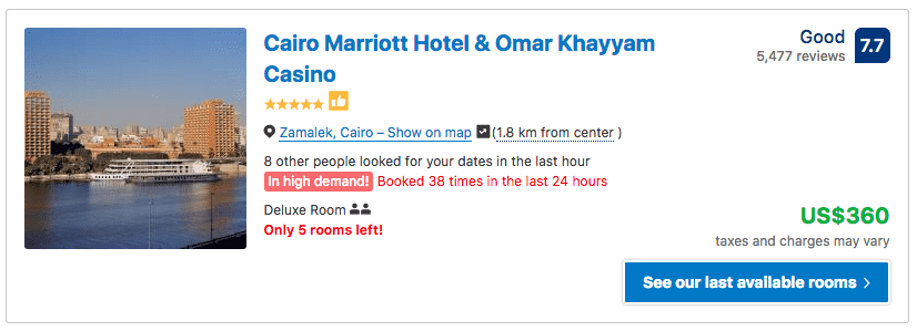 Source: Booking.com / Cairo Marriott Hotel & Omar Khayyam Casino prices on New Year's Eve 2019