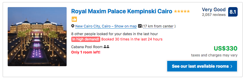 Source: Booking.com / Royal Maxim Palace Kempinski Cairo prices on New Year's Eve 2019