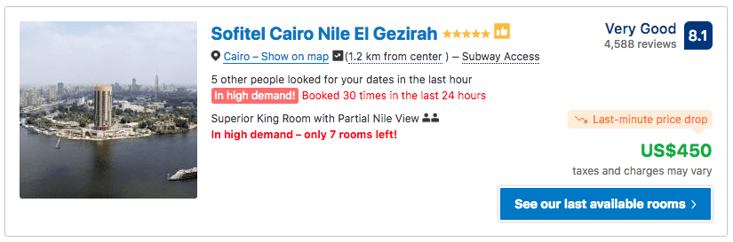 Source: Booking.com / Sofitel Cairo Nile El Gezirah prices on New Year's Eve 2019
