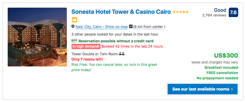 Source: Booking.com / Sonesta Hotel Tower & Casino Cairo prices on New Year's Eve 2019