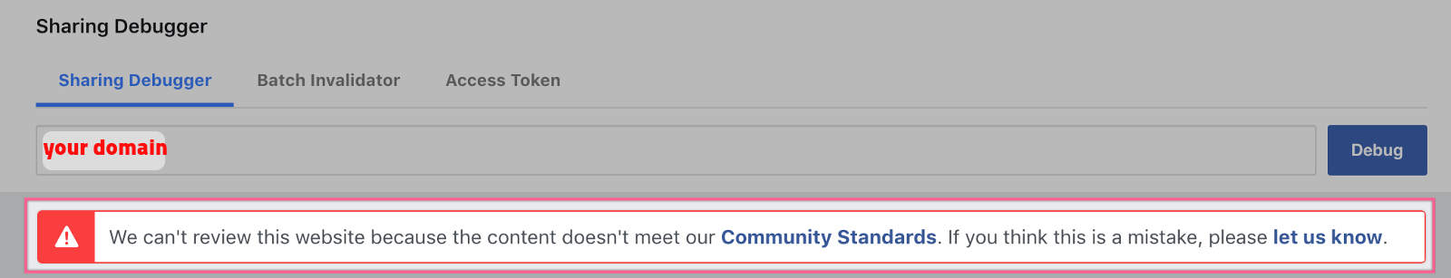 Facebook sharing debugger if blocked domain