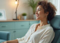 Woman smiling peacefully in therapy chair after AI financial counseling session, representing emotional healing from money stress through Custom Money platform