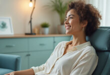 Woman smiling peacefully in therapy chair after AI financial counseling session, representing emotional healing from money stress through Custom Money platform