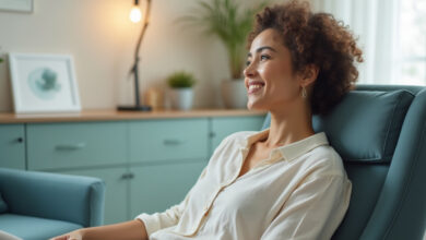 Woman smiling peacefully in therapy chair after AI financial counseling session, representing emotional healing from money stress through Custom Money platform