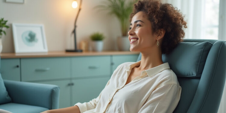 Woman smiling peacefully in therapy chair after AI financial counseling session, representing emotional healing from money stress through Custom Money platform