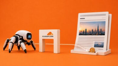 Cloudflare Pay Per Crawl illustration showing an AI crawler paying a publisher through Cloudflare