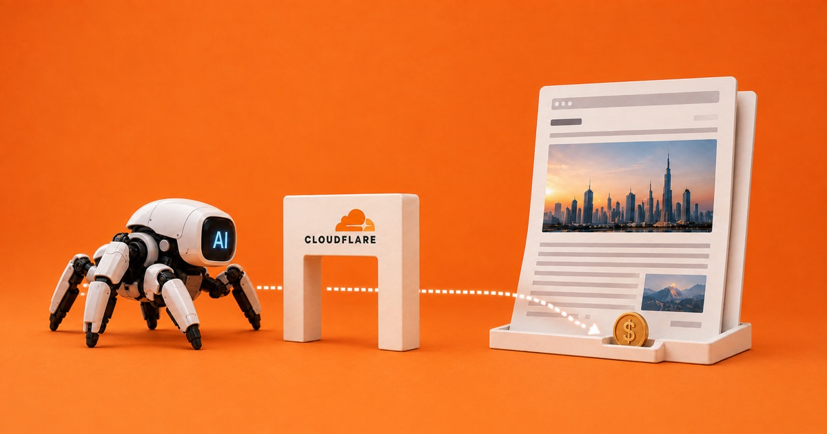 Cloudflare Pay Per Crawl illustration showing an AI crawler paying a publisher through Cloudflare